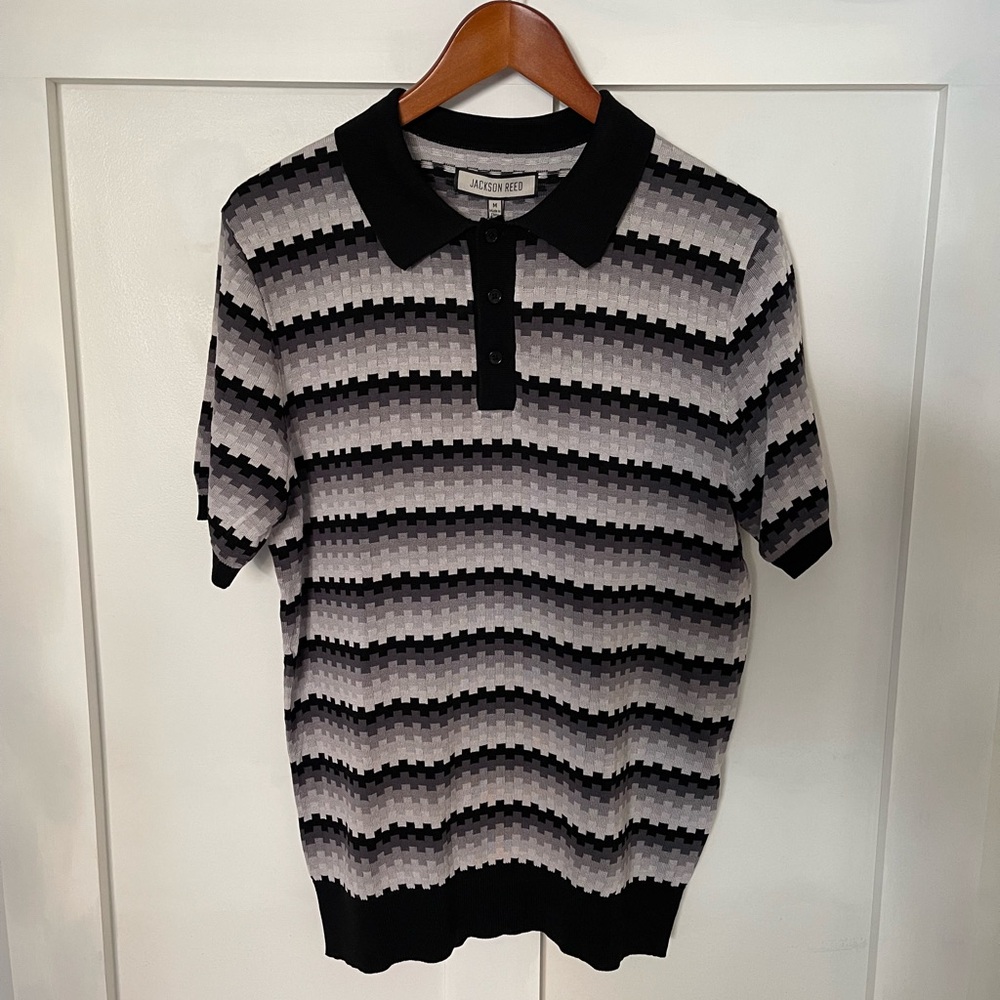 Jackson Reed mens textured knit Retro Sweater Polo shirt black white NEW NWT